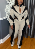 Stylish Color-blocked Two-piece Set With A Zippered Waist Top and Straight-leg Pants