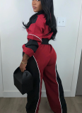 Stylish Color-blocked Two-piece Set With A Zippered Waist Top and Straight-leg Pants