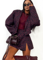 Leopard Print Lapel Long-sleeved Short Blazer and Slit Skirt Set