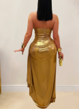 Sexy Halter Neck Gold Chain Pleated Bodycon Dress