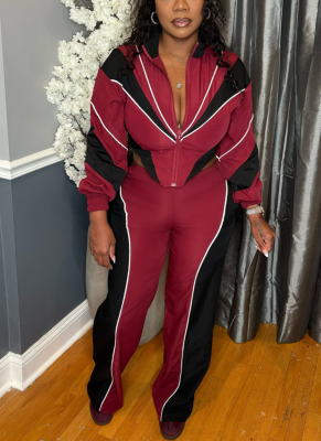 Stylish Color-blocked Two-piece Set With A Zippered Waist Top and Straight-leg Pants