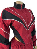Stylish Color-blocked Two-piece Set With A Zippered Waist Top and Straight-leg Pants