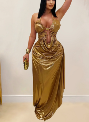 Sexy Halter Neck Gold Chain Pleated Bodycon Dress