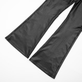 Sexy Faux Leather Drawstring Pleated Crop Top and High-waisted Flared Pants Set
