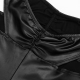 Sexy Faux Leather Drawstring Pleated Crop Top and High-waisted Flared Pants Set