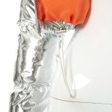 Casual Short Silver Color-blocked Zip-up Short Cotton Jacket