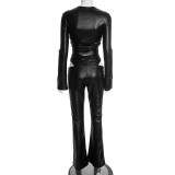 Sexy Faux Leather Drawstring Pleated Crop Top and High-waisted Flared Pants Set