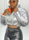 Casual Short Silver Color-blocked Zip-up Short Cotton Jacket
