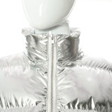 Casual Short Silver Color-blocked Zip-up Short Cotton Jacket
