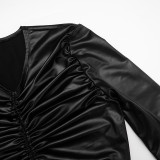 Sexy Faux Leather Drawstring Pleated Crop Top and High-waisted Flared Pants Set