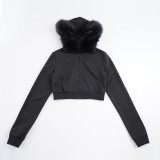 Stylish New Zip-up Fur-trimmed Hooded Sweatshirt/Short Jacket