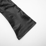 Sexy Faux Leather Drawstring Pleated Crop Top and High-waisted Flared Pants Set