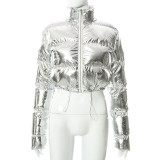 Casual Short Silver Color-blocked Zip-up Short Cotton Jacket