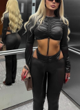 Sexy Faux Leather Drawstring Pleated Crop Top and High-waisted Flared Pants Set