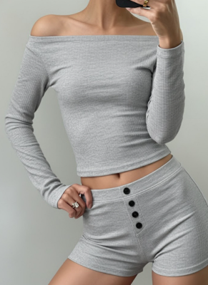 Casual Solid Color Off-shoulder Button-down Knit Slim Fit Base Shorts Set