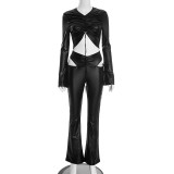 Sexy Faux Leather Drawstring Pleated Crop Top and High-waisted Flared Pants Set