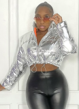 Casual Short Silver Color-blocked Zip-up Short Cotton Jacket