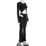 Sexy Faux Leather Drawstring Pleated Crop Top and High-waisted Flared Pants Set