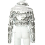 Casual Short Silver Color-blocked Zip-up Short Cotton Jacket