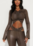 Sexy Faux Leather Drawstring Pleated Crop Top and High-waisted Flared Pants Set