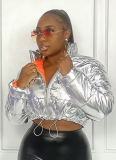 Casual Short Silver Color-blocked Zip-up Short Cotton Jacket