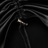 Sexy Faux Leather Drawstring Pleated Crop Top and High-waisted Flared Pants Set