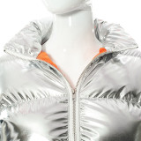 Casual Short Silver Color-blocked Zip-up Short Cotton Jacket