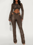 Sexy Faux Leather Drawstring Pleated Crop Top and High-waisted Flared Pants Set