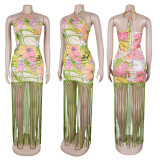 Fashionable Halter Neck Printed Backless Sleeveless Tassel Dress