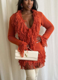 Sexy Solid Color Knitted Cardigan Long-sleeved Deep V Top and Bodycon Mini Skirt Set
