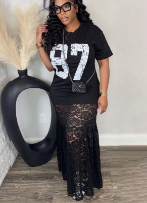 Trendy Niche Lace Round Neck Letter Print Dress