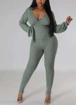 Solid color V-neck Long-sleeved Lantern Sleeve Slim-fit Trousers Two-piece Set