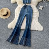 Fashionable Rhinestone-embellished Strapless Tank Top + High-waisted Flared Jeans Set