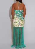 Fashionable Halter Neck Printed Backless Sleeveless Tassel Dress