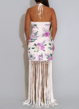 Fashionable Halter Neck Printed Backless Sleeveless Tassel Dress