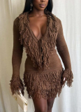 Sexy Solid Color Knitted Cardigan Long-sleeved Deep V Top and Bodycon Mini Skirt Set