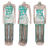 Fashionable Halter Neck Printed Backless Sleeveless Tassel Dress