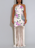 Fashionable Halter Neck Printed Backless Sleeveless Tassel Dress