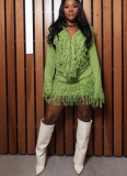 Sexy Solid Color Knitted Cardigan Long-sleeved Deep V Top and Bodycon Mini Skirt Set