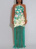 Fashionable Halter Neck Printed Backless Sleeveless Tassel Dress