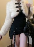 Autumn/Winter Faux Mink Fur Metal Leather Button Lapel Short Plush Coat