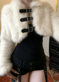 Autumn/Winter Faux Mink Fur Metal Leather Button Lapel Short Plush Coat