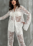 Sexy See-through Collared Long-sleeved Cardigan Shirt + Wide-leg Pants Two-piece Set