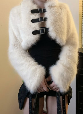Autumn/Winter Faux Mink Fur Metal Leather Button Lapel Short Plush Coat
