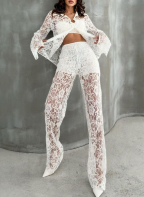 Sexy See-through Collared Long-sleeved Cardigan Shirt + Wide-leg Pants Two-piece Set