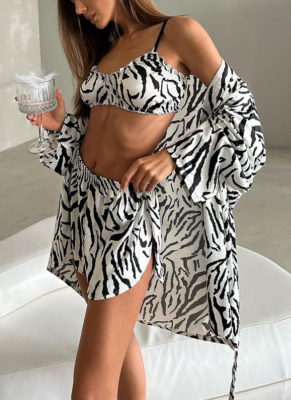 Fashionable Long-sleeved Tie-waist Cardigan Camisole Tank Top Loose Shorts Printed Three-piece Set