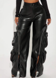 2025 Fashionable Leather Pants with Detachable Zippers and Multiple Pockets