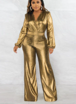 Fashionable and Sexy V-neck Lantern Sleeve Jumpsuit With Gold Foil Stamping