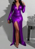 Sexy V-neck Long-sleeved Slit Evening Dress