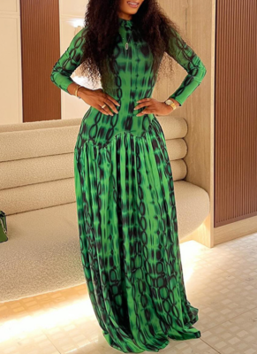 Retro High-neck Long-sleeved Printed Pleated A-line Dress With A Fitted Waist